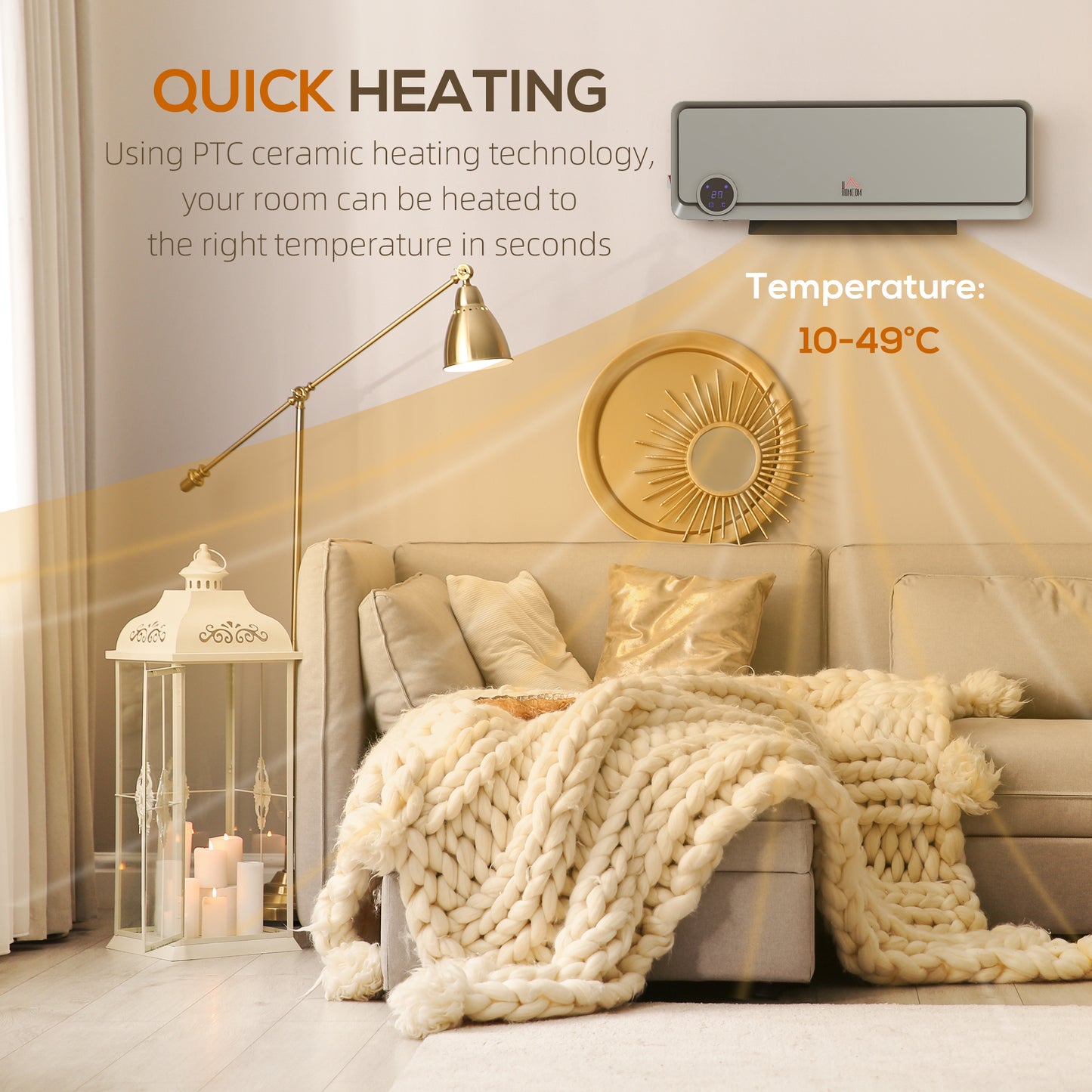 Wall Downflow Heater 2 Heat and Fan 1000W/2000W, Electric Space Heater with Timer Remote Oscillating