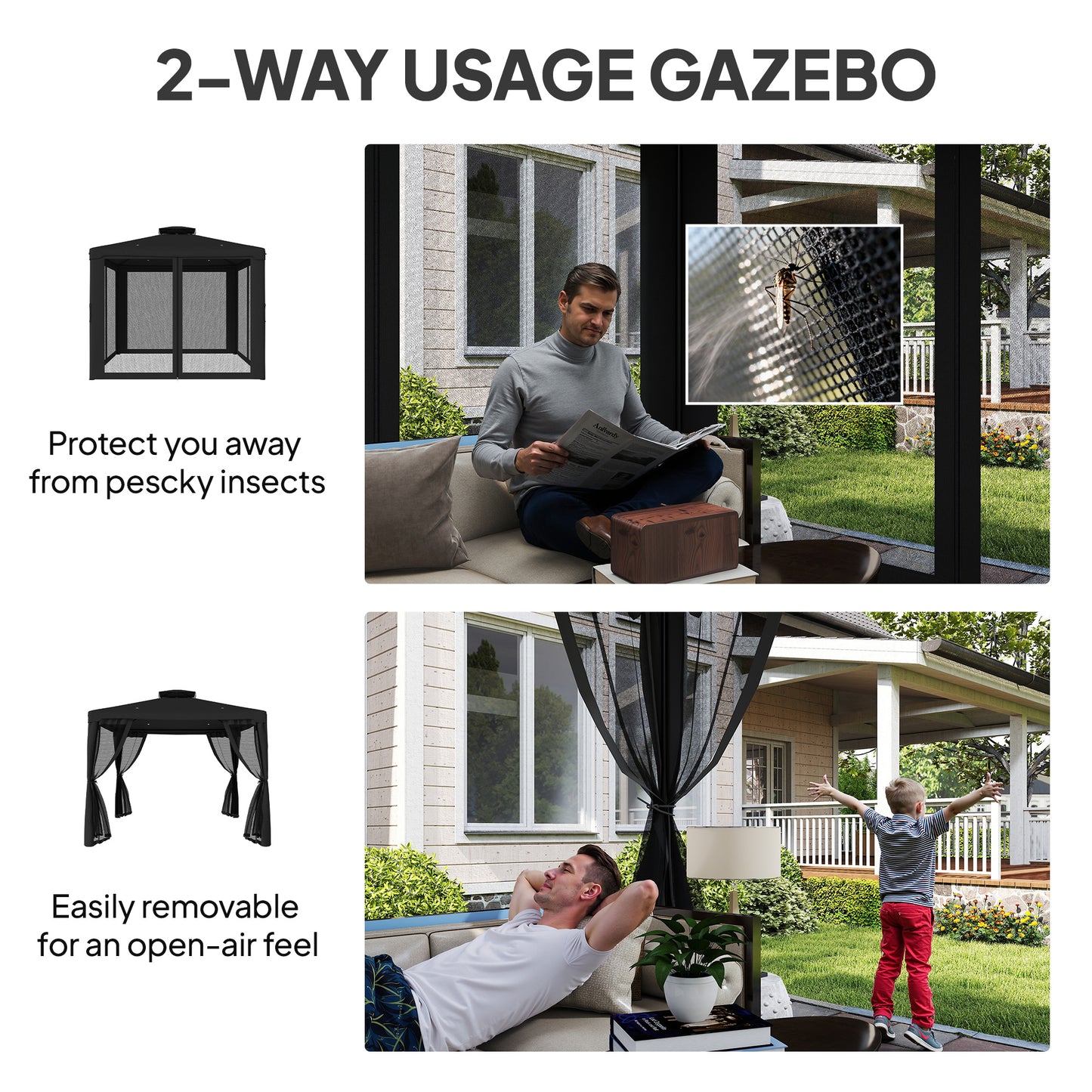3 x 3 m Metal Gazebo, Garden Pavillion, Double Roof Outdoor Canopy Shelter with Mesh Sidewalls, Black