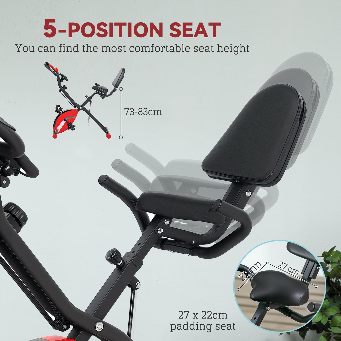 Five-in-one Foldable Exercise Bike, Stationary Bike with Arm Workout Bands, LDC Monitor, Phone Holder, Red