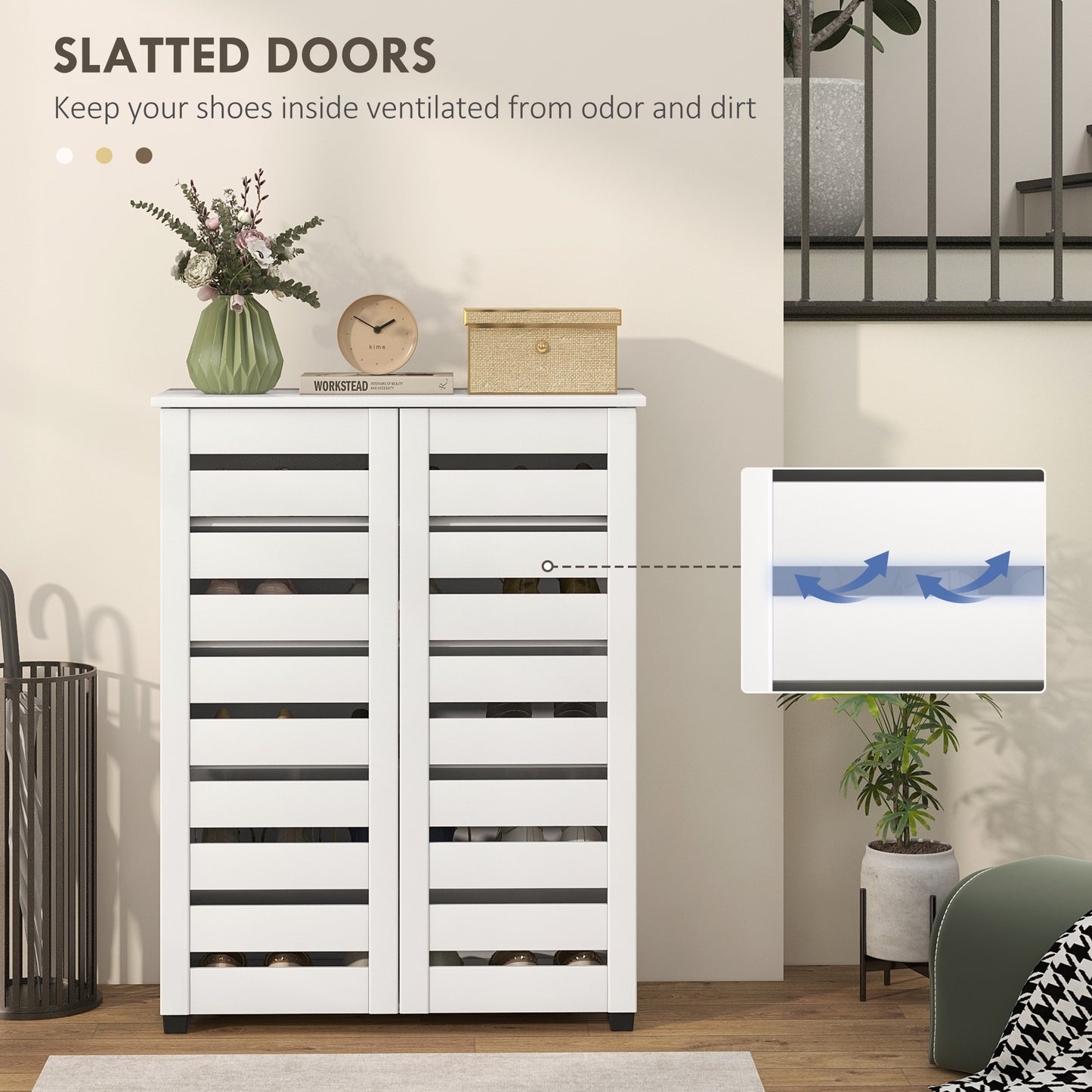 Narrow Shoe Cabinet for Entryway, 5-Tier Slim Shoe Storage Cabinet with 2 Slatted Doors and Adjustable Shelves