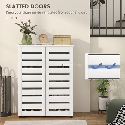 Narrow Shoe Cabinet for Entryway, 5-Tier Slim Shoe Storage Cabinet with 2 Slatted Doors and Adjustable Shelves