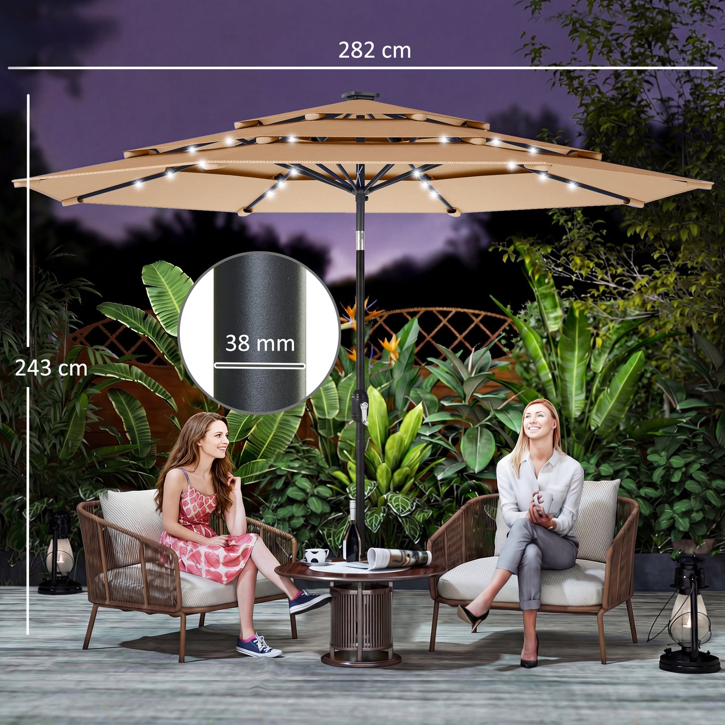 2.8 m Garden Parasol Umbrella with LED Solar Light, Parasol Cover, 3 Tier Outdoor Table Market Patio Umbrella, Khaki