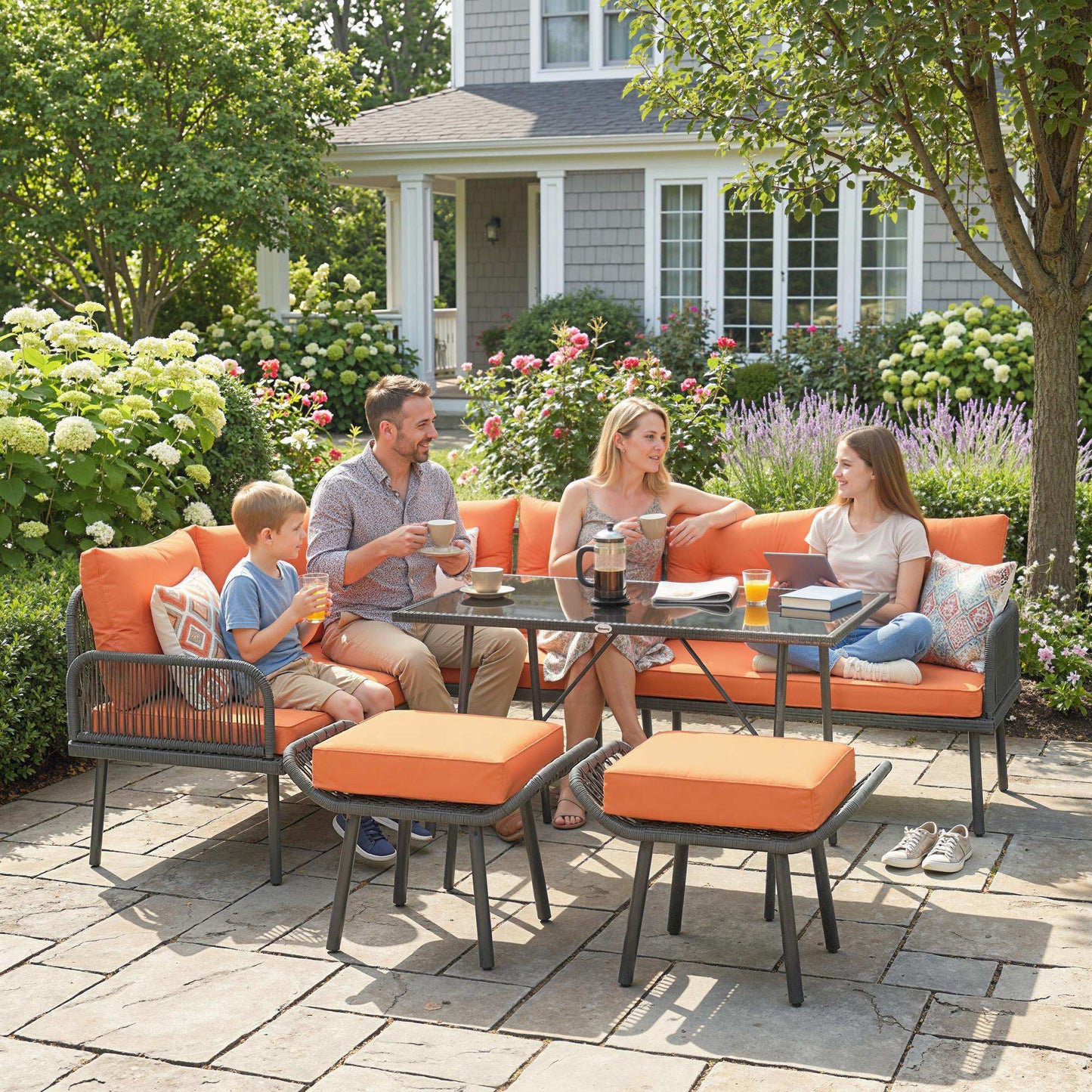 6 Piece Rattan Garden Furniture Set, 8 Seater Garden Corner Sofa with Cushions and Glass Top Table, Orange