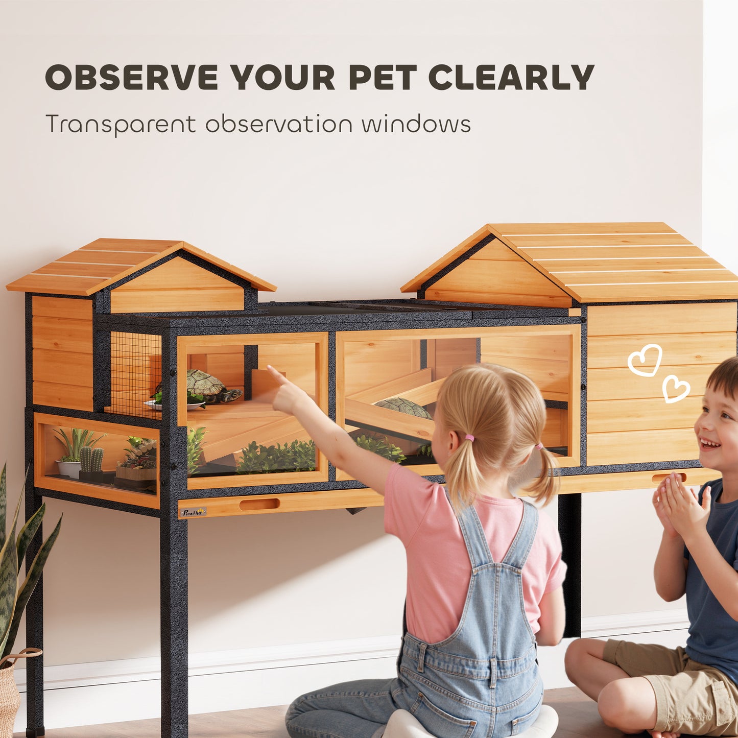 Wooden Tortoise House with Stand Legs, Clear Observation Windows, Ramps, Openable Top, Built-in Tray, Yellow
