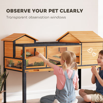 Wooden Tortoise House with Stand Legs, Clear Observation Windows, Ramps, Openable Top, Built-in Tray, Yellow
