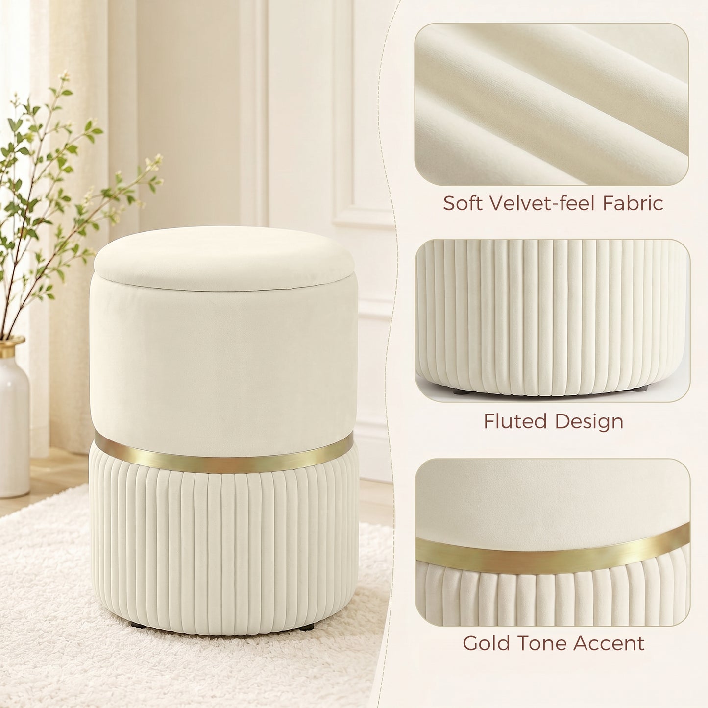 Round Storage Stool, Velvet-feel Fabric Upholstered Vanity Stool with Removable Top, Padded Seat and Hidden Space, Beige
