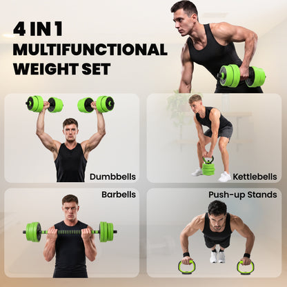 30kg 6-In-One Adjustable Weight Dumbbells Set, Barbell, Kettlebell, Push Up Stand - Green