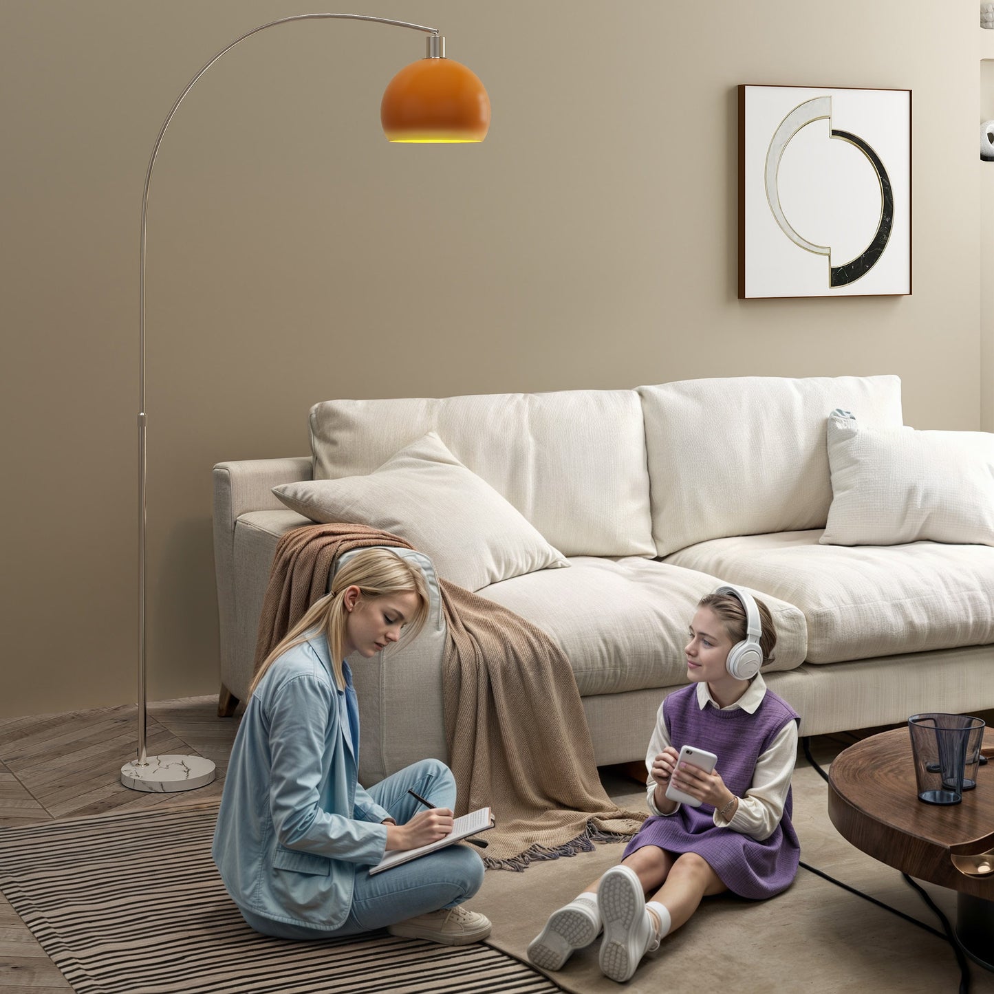 Floor Lamp for Living Room, Modern Standing Lamp with Shade & Foot Switch for Bedroom, Office, Orange