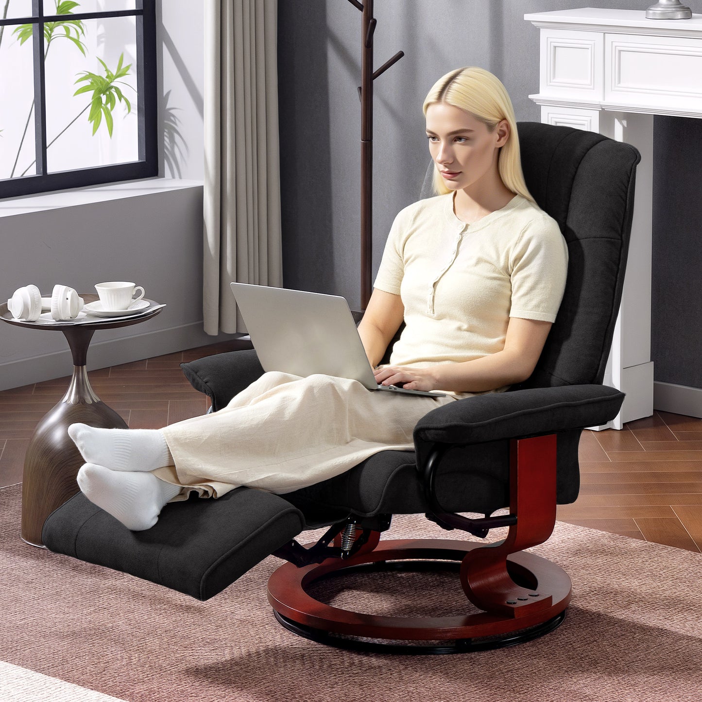 Reclining Swivel Chair, with Footrest - Black