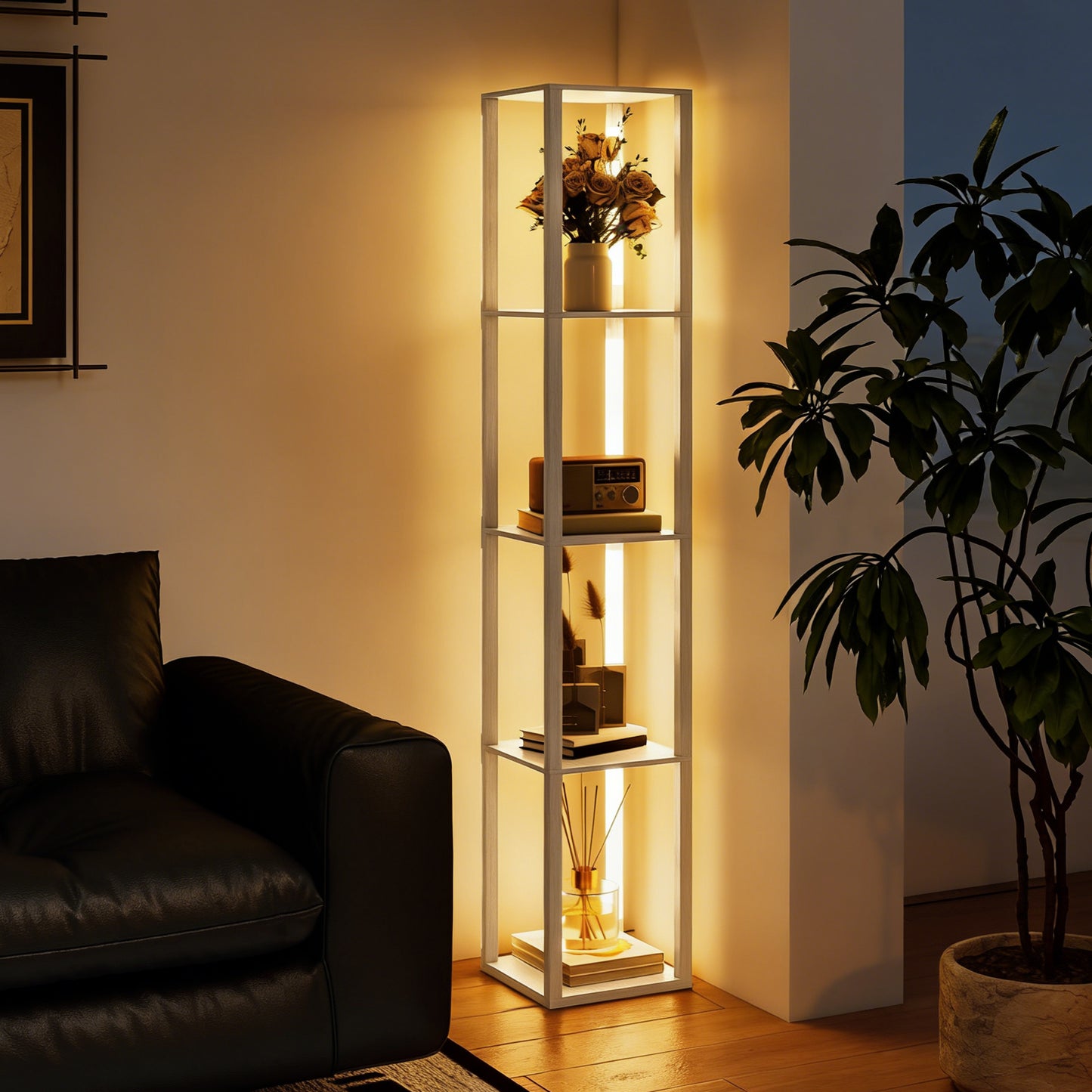 Floor Lamp with Shelves and 3 Brightness Levels - Oak