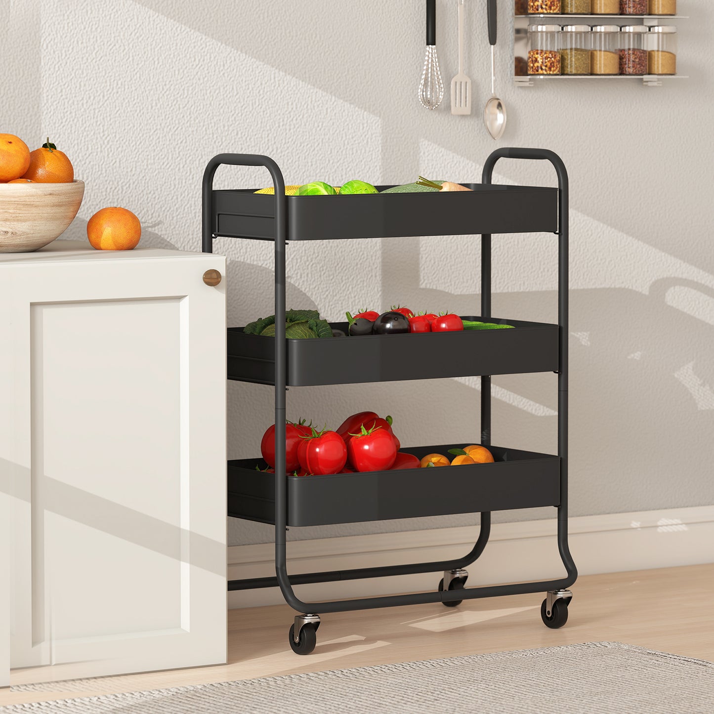 3-Tier Storage Trolley on Wheels, Rolling Utility Cart with Mesh Backets for Kitchen, Bathroom, Bedroom, Black