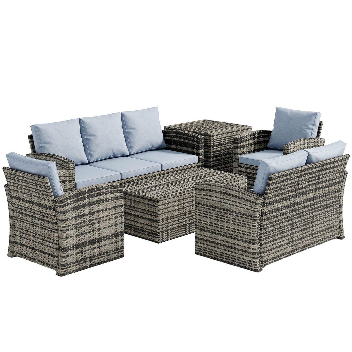 6 Pieces Rattan Garden Furniture Set, 7 Seater Wicker Outdoor Furniture Set with Storage Tea Table & Side Table
