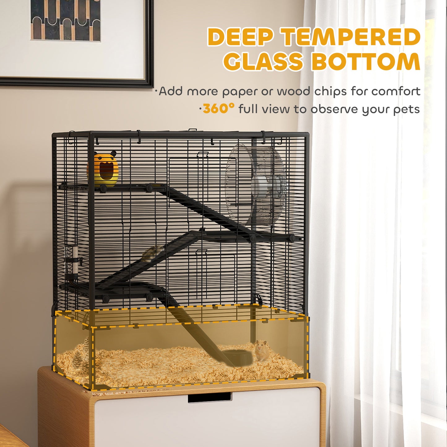 Four-Tier Hamster Cage with Deep Tempered Glass Bottom, Hut, Running Wheel, Food Dish, Water Bottle, 78.5 x 48.5 x 80cm