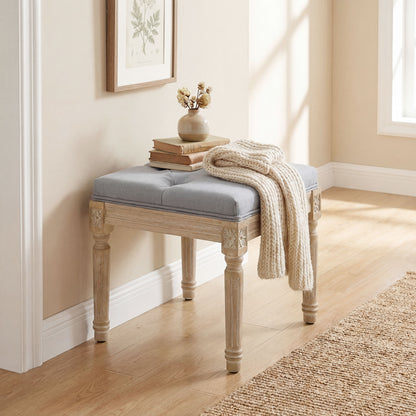 Vintage Foot Stool, Tufted Square Footrest with Wood Legs, Light Grey