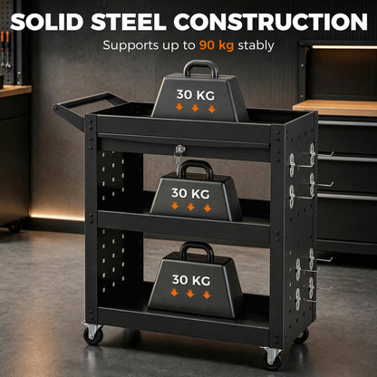 Tool Cart with Lockable Wheels, Rolling Workshop Cart with 3-Tier Trays, Drawer, Pegboards, Black