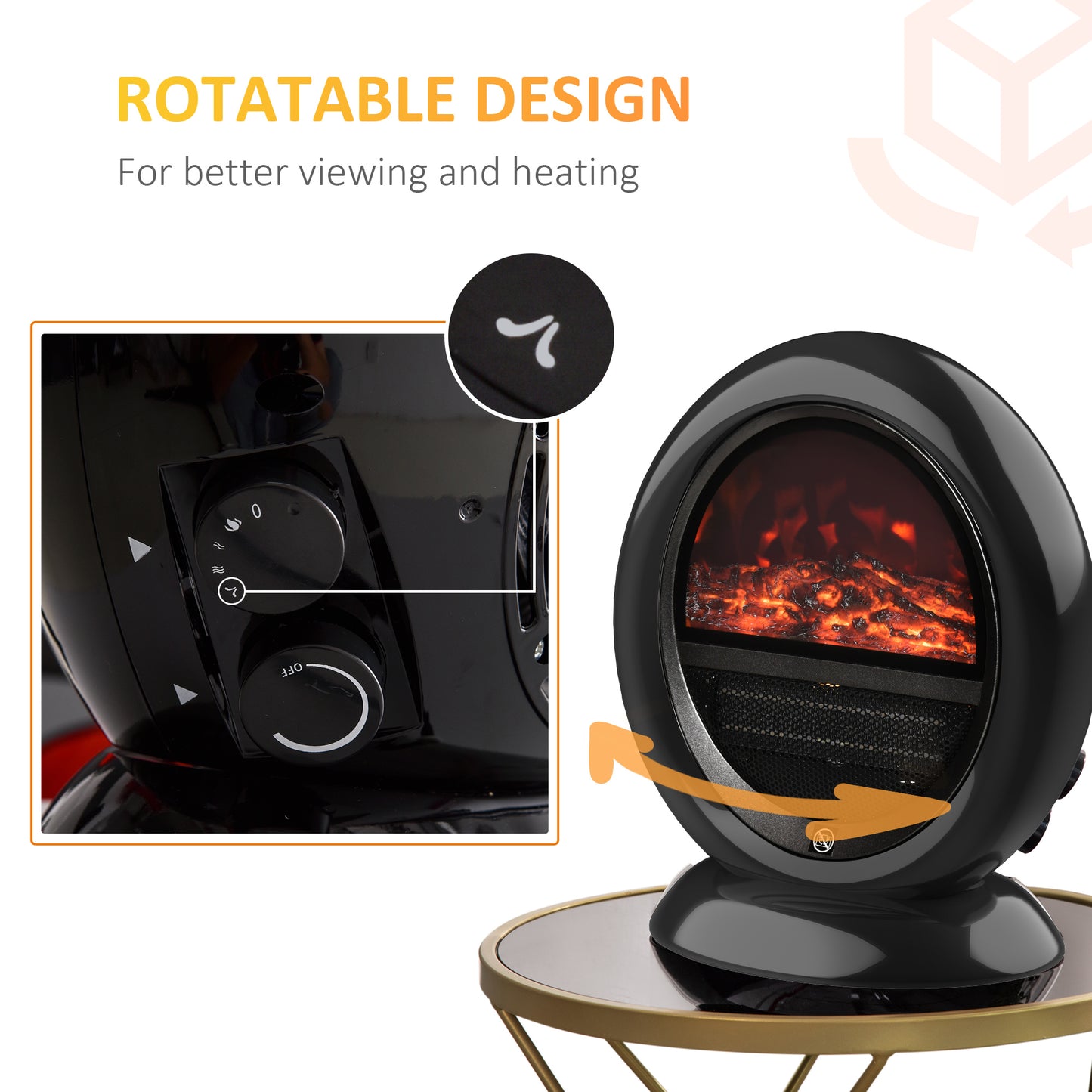 Freestanding Electric Fireplace Indoor Space Table Top Heater with Realistic Flame Effect, Rotatable Head