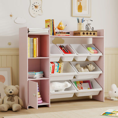 Toy Storage Unit with 8 Removable Bins, Storage Shelves, Cabinet, Pink