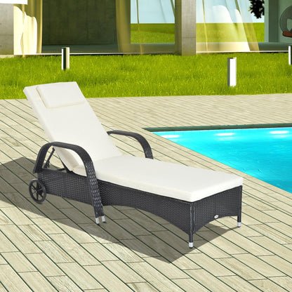 Rattan Sun Lounger, Garden Lounger Recliner with Wheels and Adjustable Backrest, Outdoor Reclining Sunbed Garden Chair
