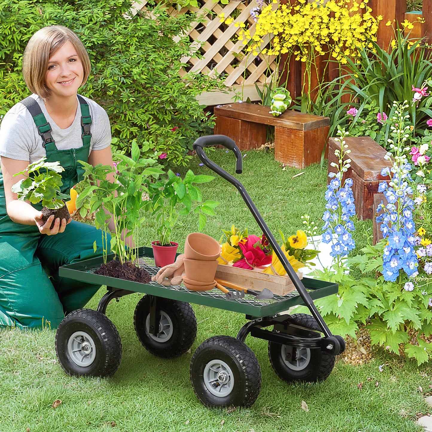 Garden Trolley Cart, Heavy Duty Garden Cart with Metal Frame, 10" Pneumatic Wheels, Rotating Handle, 150kg Capacity
