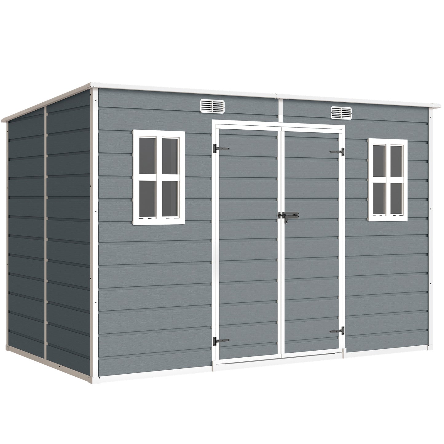 10 x 6 ft Resin Garden Shed, Outdoor Storage Shed with Floor, Windows, Lockable Doors and Vents, Grey
