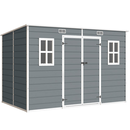 10 x 6 ft Resin Garden Shed, Outdoor Storage Shed with Floor, Windows, Lockable Doors and Vents, Grey