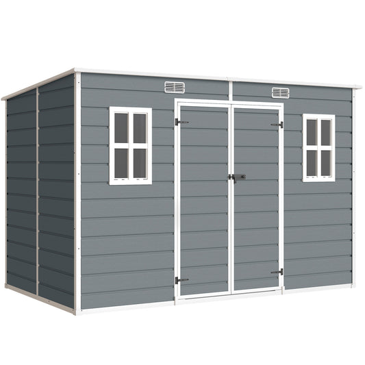 10 x 6 ft Resin Garden Shed, Outdoor Storage Shed with Floor, Windows, Lockable Doors and Vents, Grey