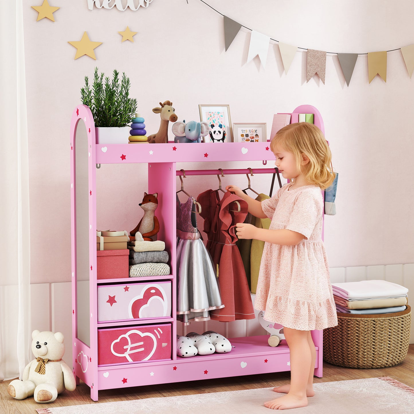 Kids Clothes Rail, Kids Wardrobe with Mirror, Shelves, Fabric Storage and Hooks for Bedroom, Nursery, Pink