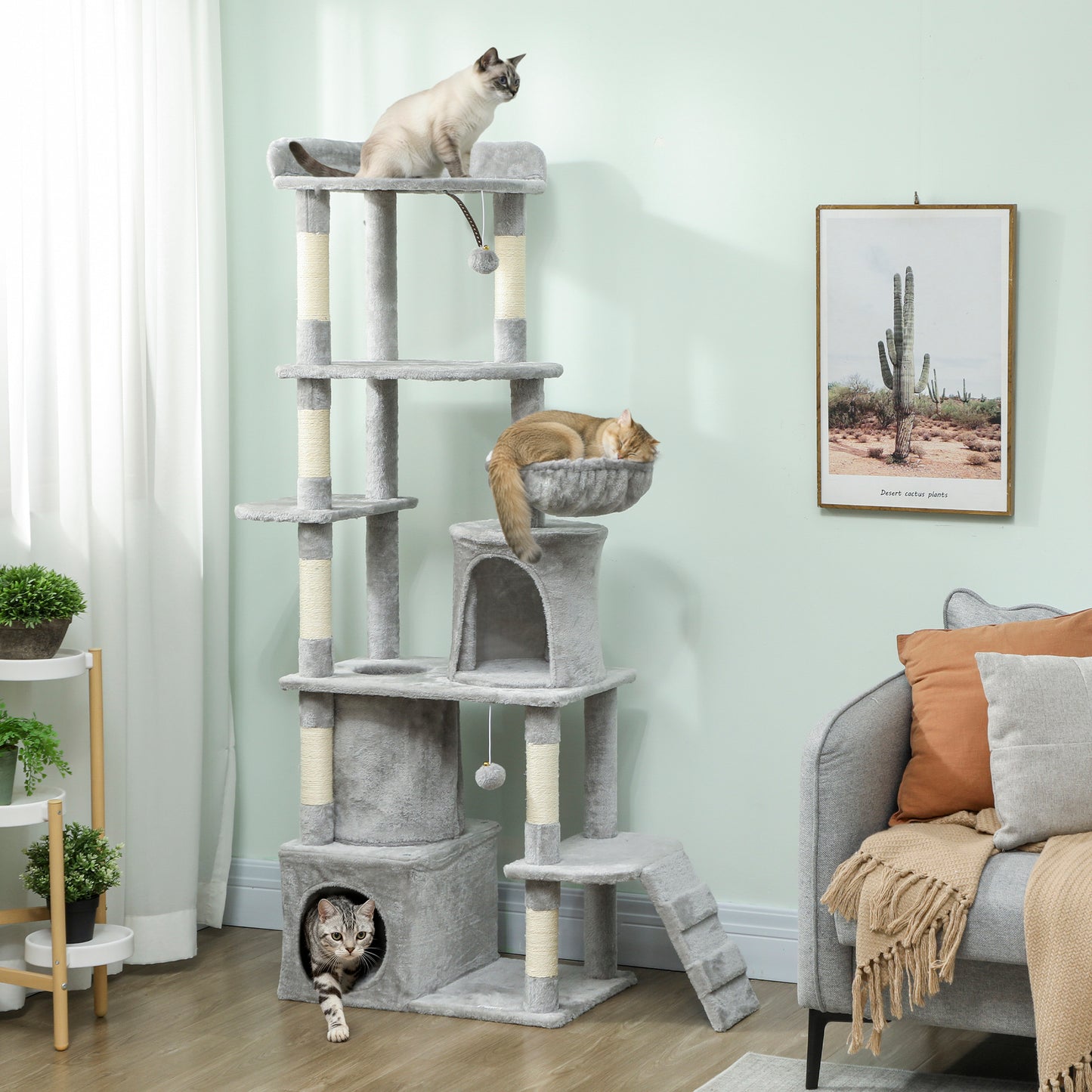 170 cm Large Cat Tree, Cat Tower with 7 Scratching Posts, 2 Condos, Hammock, Light Grey