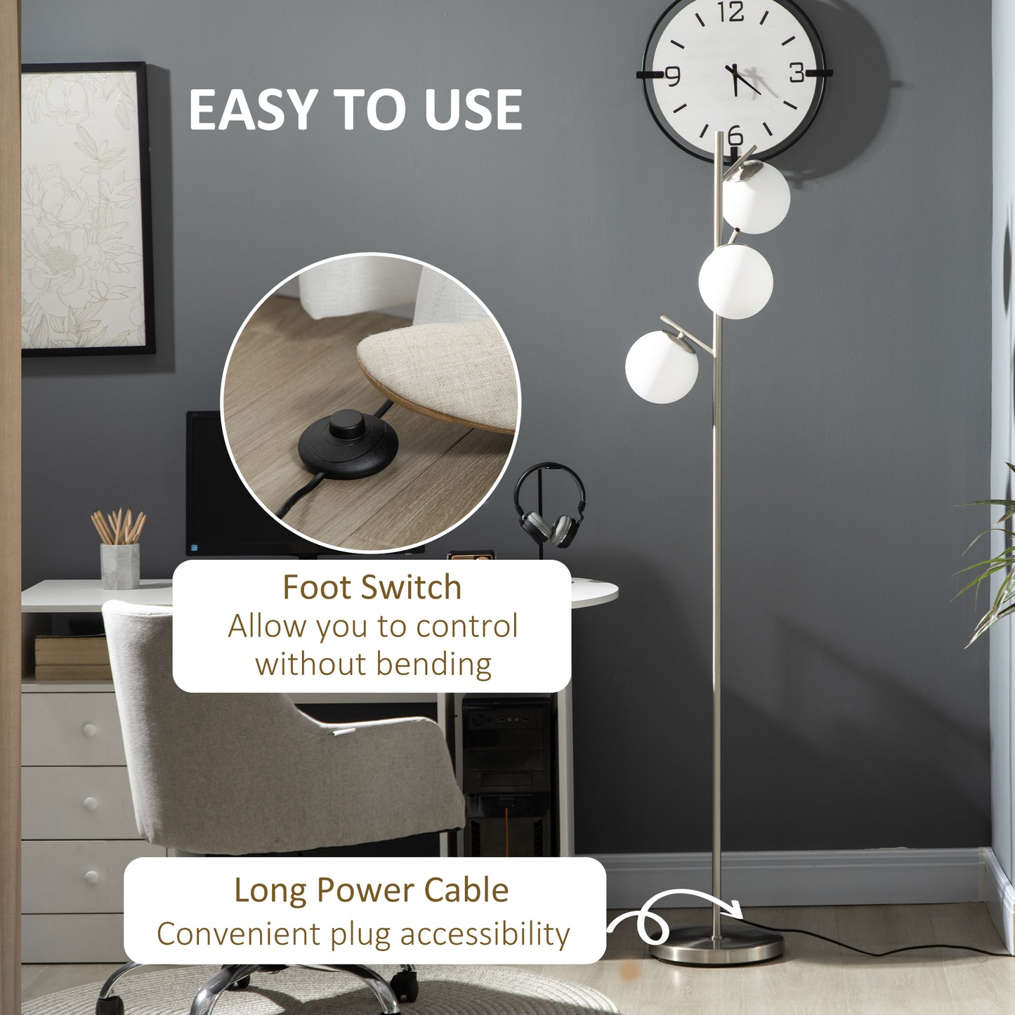 3-Light Tree Floor Lamps for Living Room, Modern Standing Lamp for Bedroom with Globe Lampshade, Steel Base