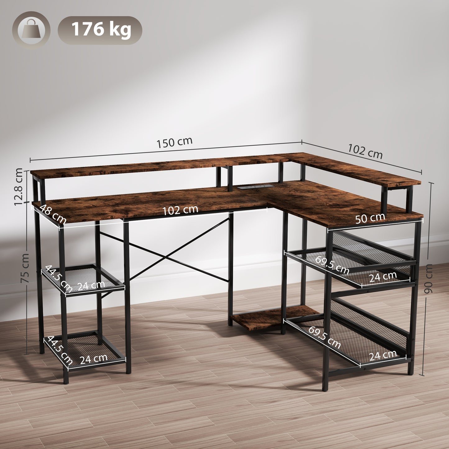 LED Light 'L' Computer Desk, with Shelves - Brown