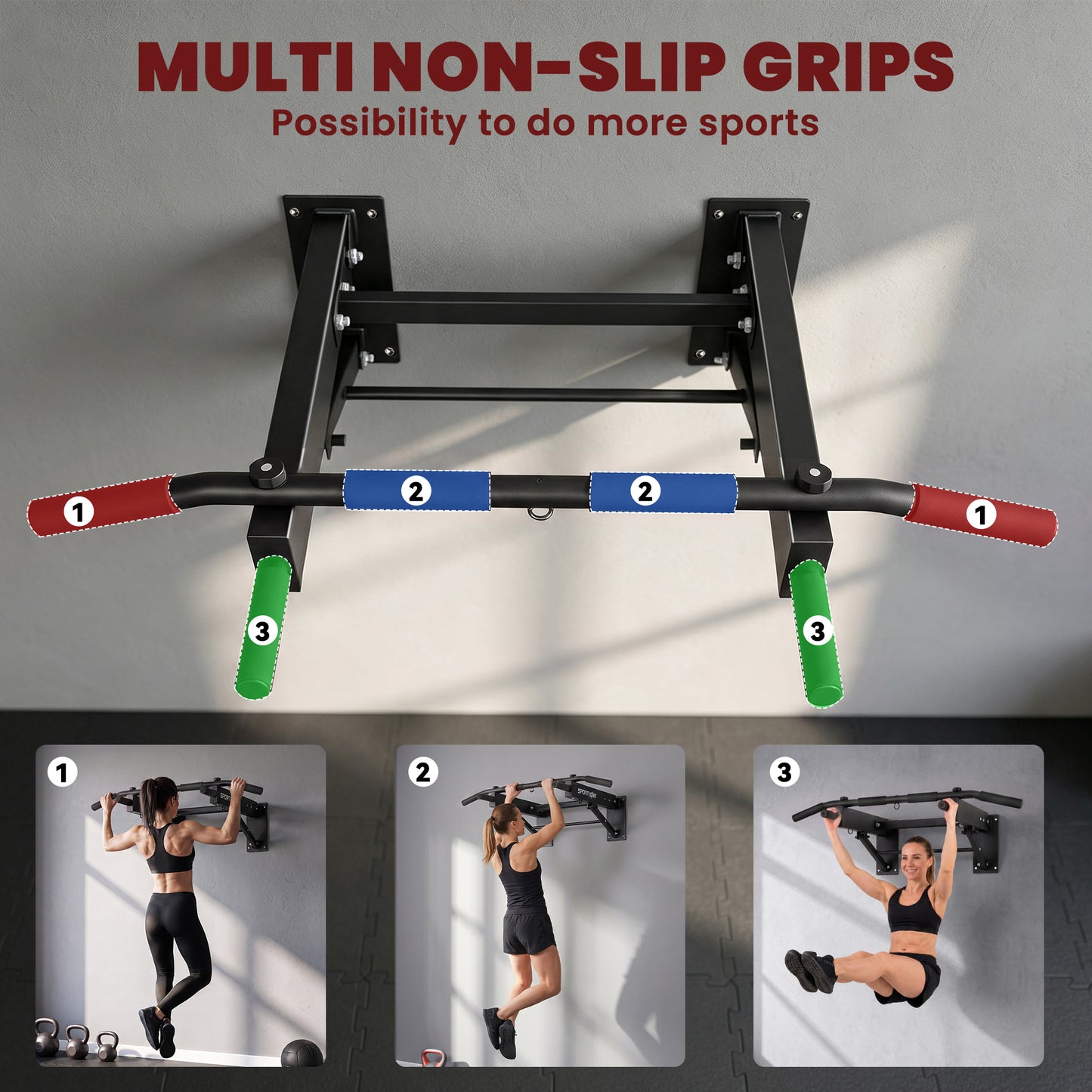 Pull Up Bar Wall Mounted Chin Up Bar with Folding Design, 3 Hooks for Resistance Bands, Supports up to 120 kg, Black
