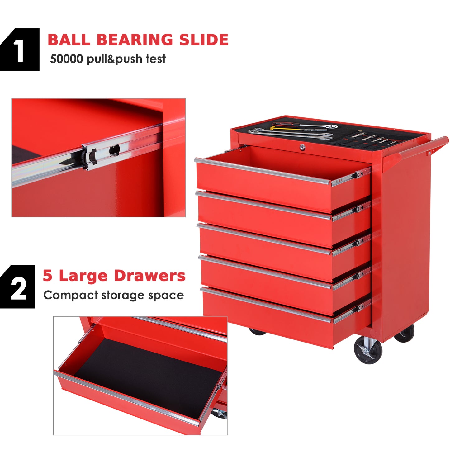 5-Drawer Lockable Tool Storage Cabinet with Wheels, Handle, 2 Keys, Steel Home Work DIY Workshop Chest