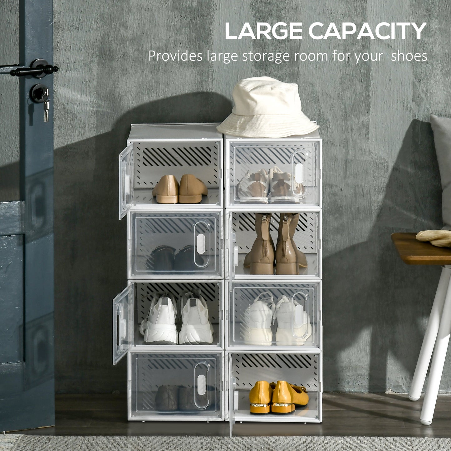 8PCS Clear Shoe Box, Plastic Stackable Shoe Storage Box for UK/EU Size up to 8.5/43 with Magnetic Door for Women/Men
