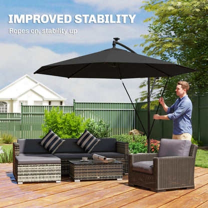 3 m Cantilever Parasol with Solar LED Lights Garden Umbrella with Cross Base, Black