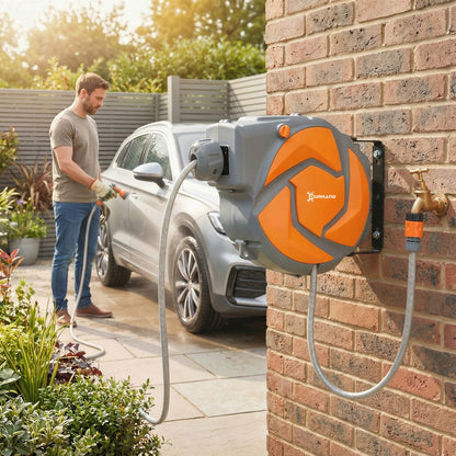 10m Garden Hose Reel Wall Mounted Auto Rewind with 7 Patterns Spray Nozzle, Includes Wall Fixings, Orange