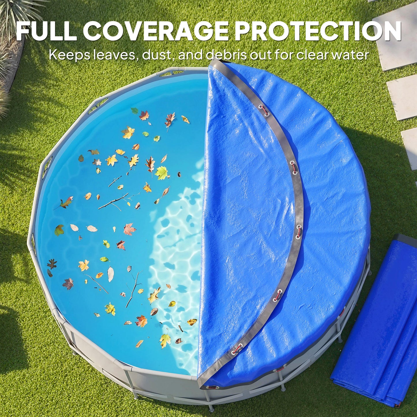 Round Pool Cover, 10 ft Waterproof Swimming Pool Cover with Secure Rope, Tightener for Above Ground Pools, Blue