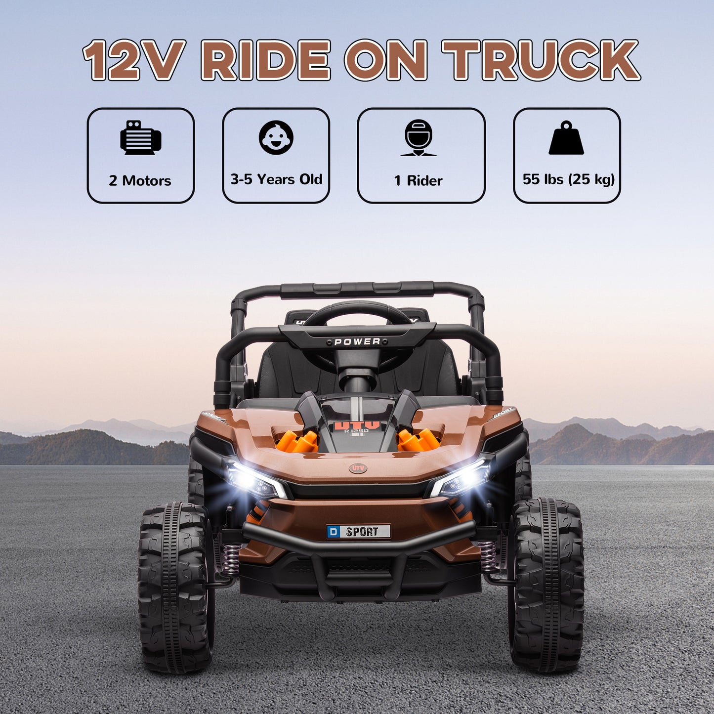 12V Battery Powered Ride on Truck w/ Remote, Four Suspension Wheels, Horn, Lights, Music, USB, for Ages 3-5 Years, Brown