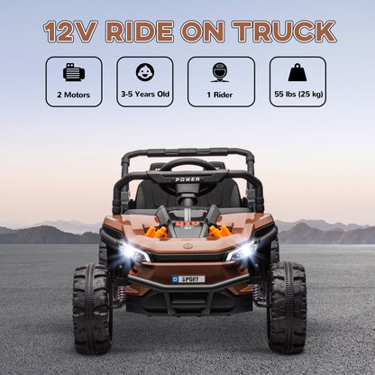 12V Battery Powered Ride on Truck w/ Remote, Four Suspension Wheels, Horn, Lights, Music, USB, for Ages 3-5 Years, Brown