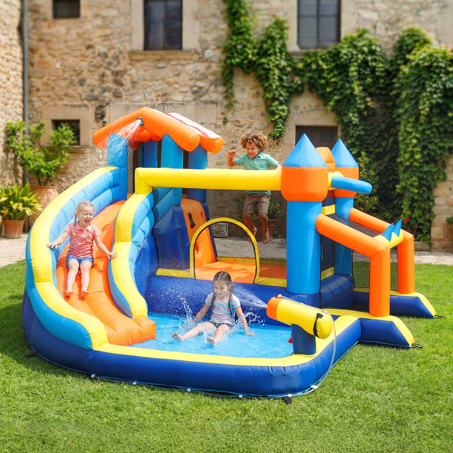 Bouncy Castle for Kids, Inflatable Bounce House with Long Slide, Splash Pool and 550W Blower for Indoor Outdoor