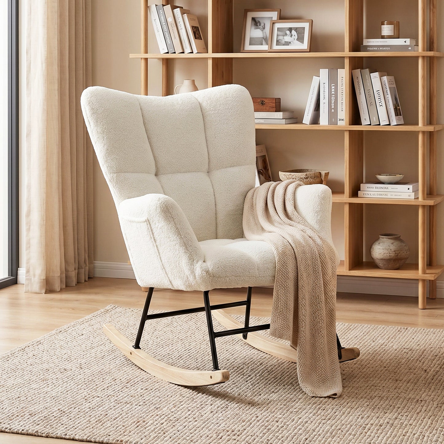 Rocking Chair, Teddy Fleece Rocker Chair with Tufted Wingback, Side Pockets, Rubber Wood Legs, Cream White
