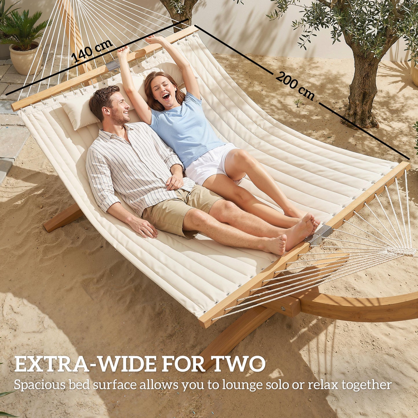 Double Hammock 2 Person Swing Bed with Spreader Bars, Pillows, Pad, 200 x 140cm, Cream White