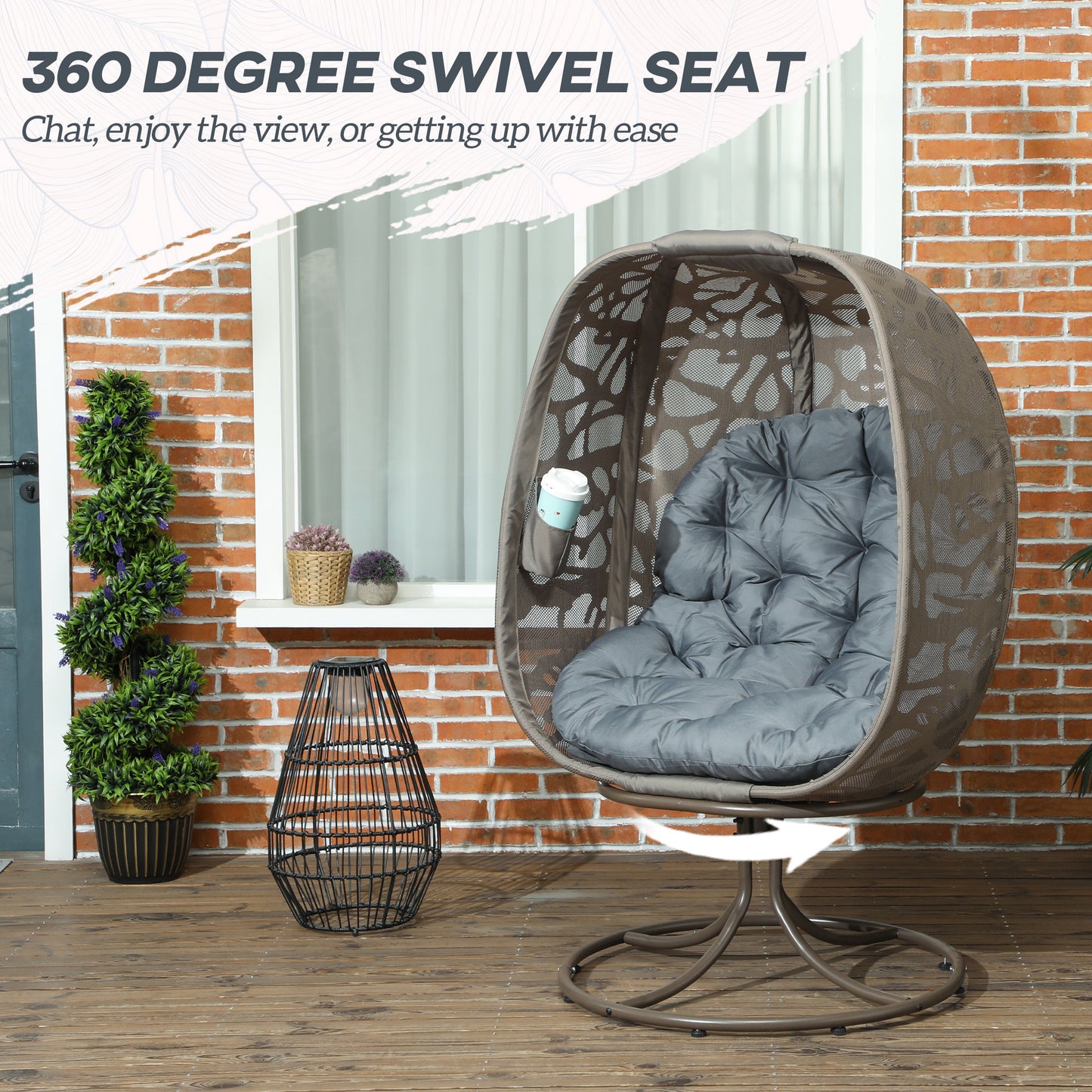 Swivel Egg Chair with Cushions, Foldable Basket Seat and Metal Frame, Indoor Outdoor Lounge Chair for Balcony