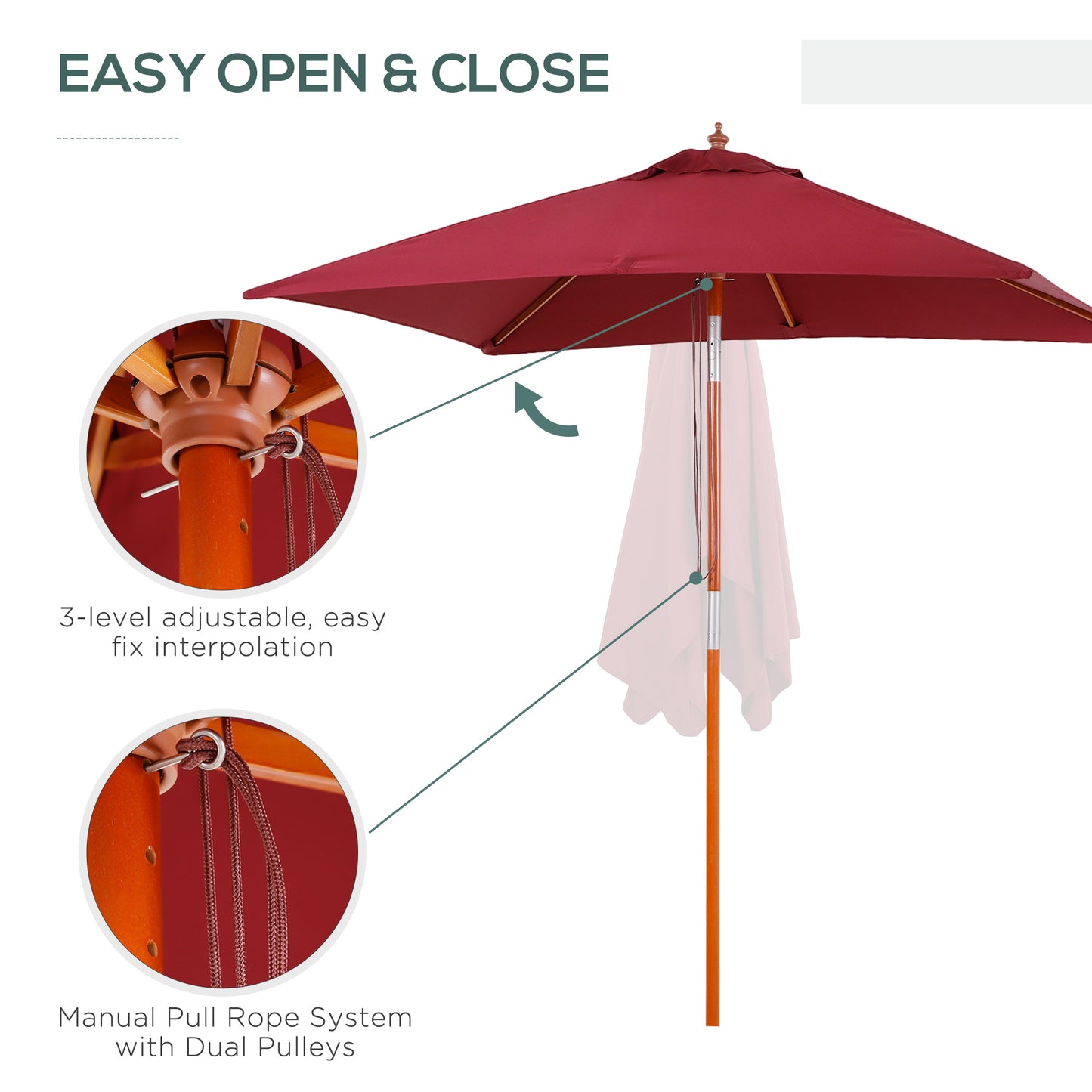 2m x 1.5m Garden Parasol Umbrella with Tilting Sunshade Canopy, Outdoor Market Table Umbrella with Wood and Bamboo Frame