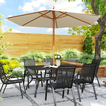 Garden Dining Table with Parasol Hole, Patio Table with Steel Frame and Slat Tabletop, Black