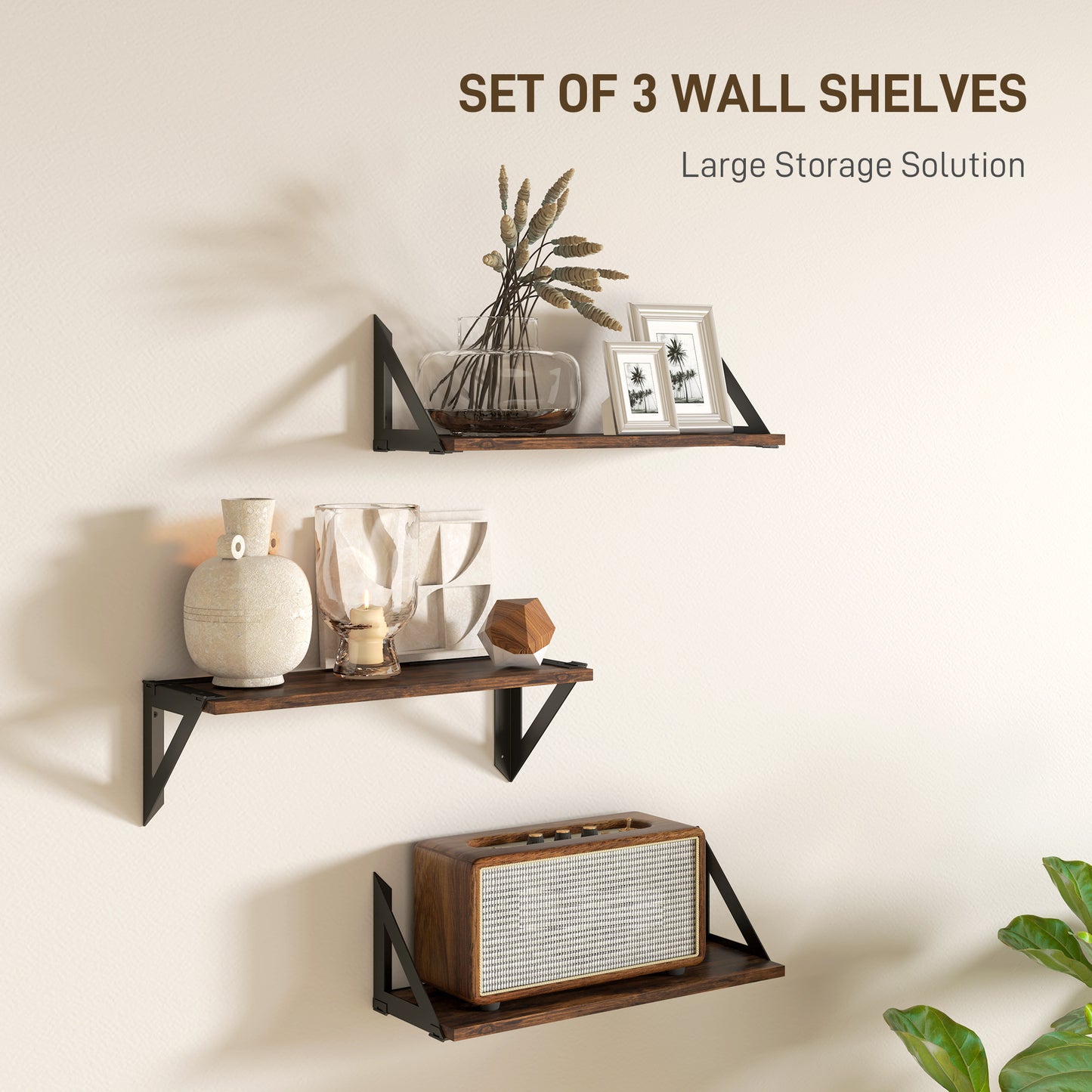 Set of 3 Wall Shelves, 43cm Vintage Wall Mounted Floating Shelves for Living Room, Entryway, Bedroom, Rustic Brown