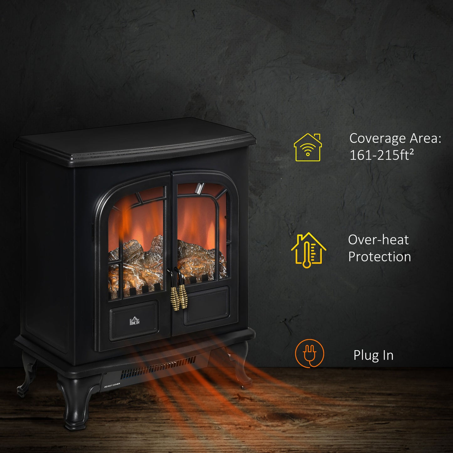 Electric Fireplace Stove Heater with LED Fire Flame Effect, Double Door, Freestanding & Portable with Overheat Protection