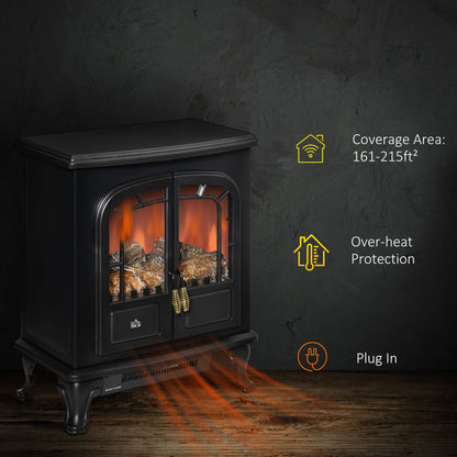 Electric Fireplace Stove Heater with LED Fire Flame Effect, Double Door, Freestanding & Portable with Overheat Protection