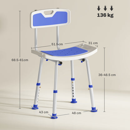 Shower Stool with Backrest, Height Adjustable Shower Chair with Anti-slip Foot Pads, Shower Head Holder, Blue