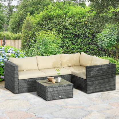 3 Pieces PE Rattan Garden Furniture Set with 10 cm Thick Cushions, 4 Seater Garden Corner Sofa Set