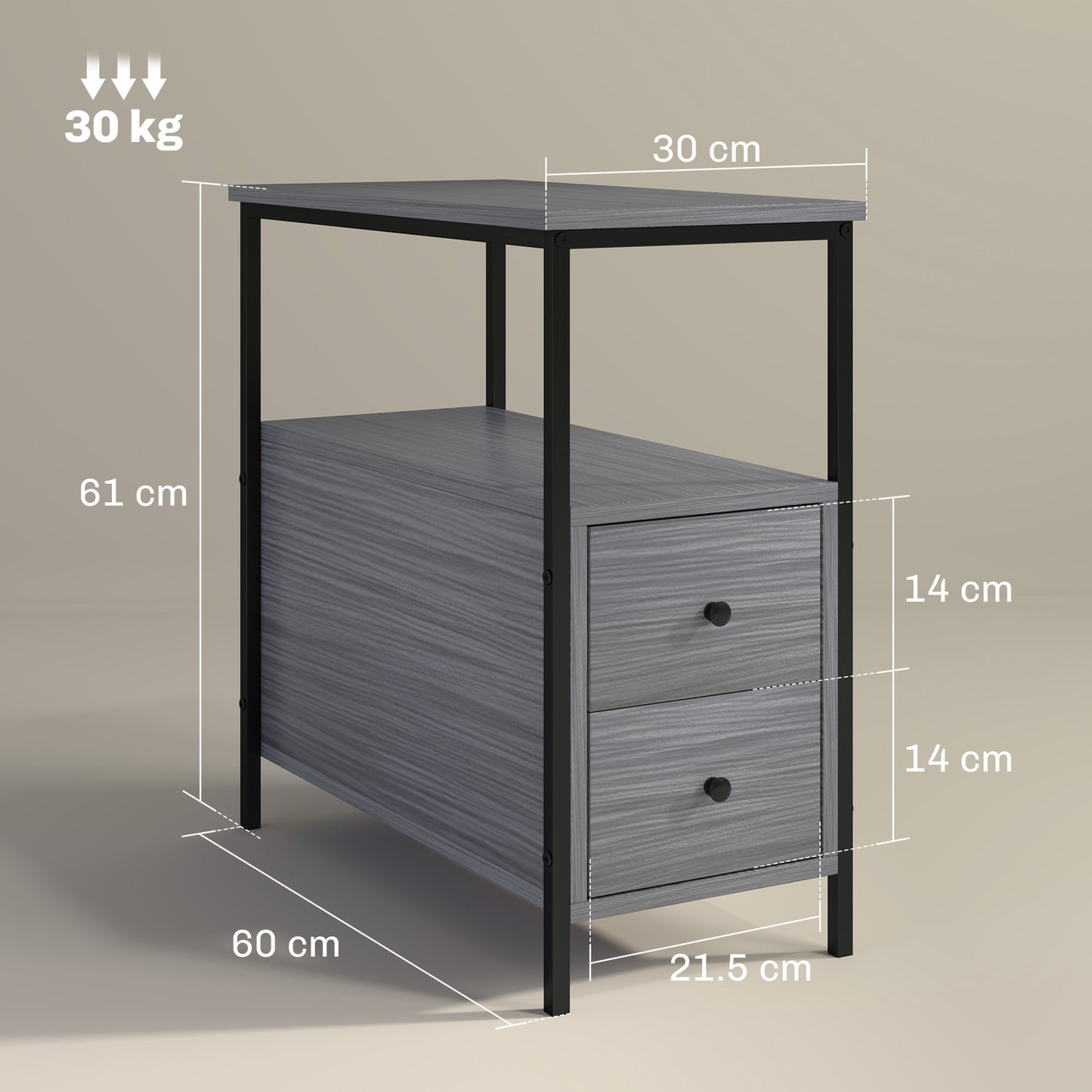 Side Table, Narrow Bedside Table with 2 Drawers and Storage Shelf, Industrial End Table with Metal Frame for Small Spaces